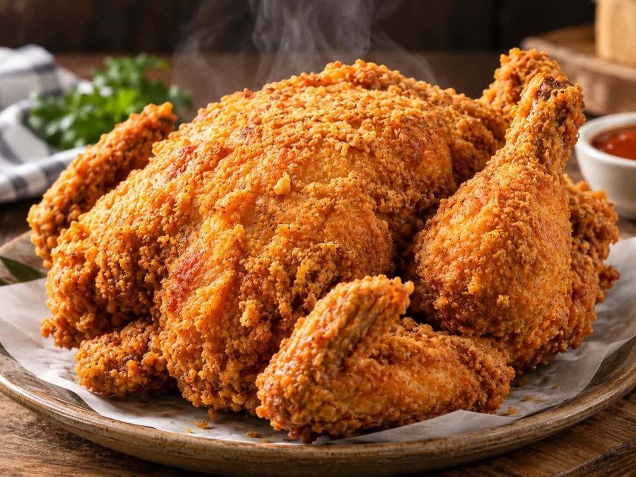 Golden whole fried chicken